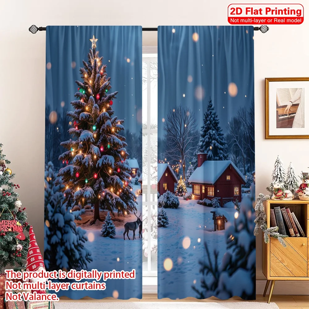 

2pcs 2D flat printing Merry Christmas Popular Curtain Cozy Winter Village Christmas Scene Polyester Without Electricity Party