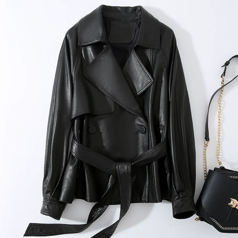 British Style Women's Genuine Leather Jacket 2026 New Casual Lace-up Slim Waist Leather Coats First Layer Sheepskin Short Jacket