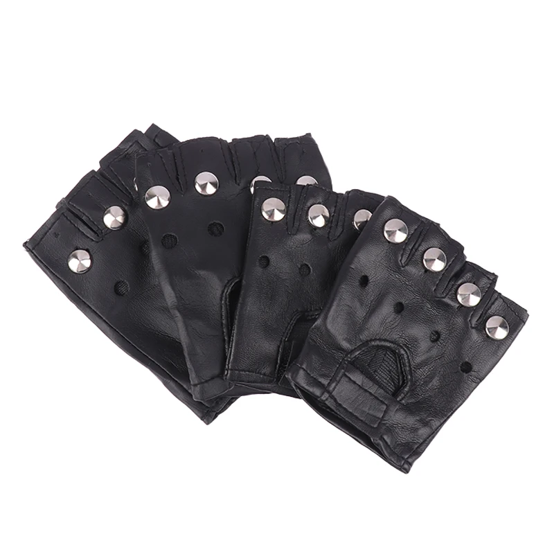 1 Pair Men Outdoor Black Half-Finger Gloves Soft Leather Driving Motorcycle Biker Fingerless Gloves Party Fingerless Mittens