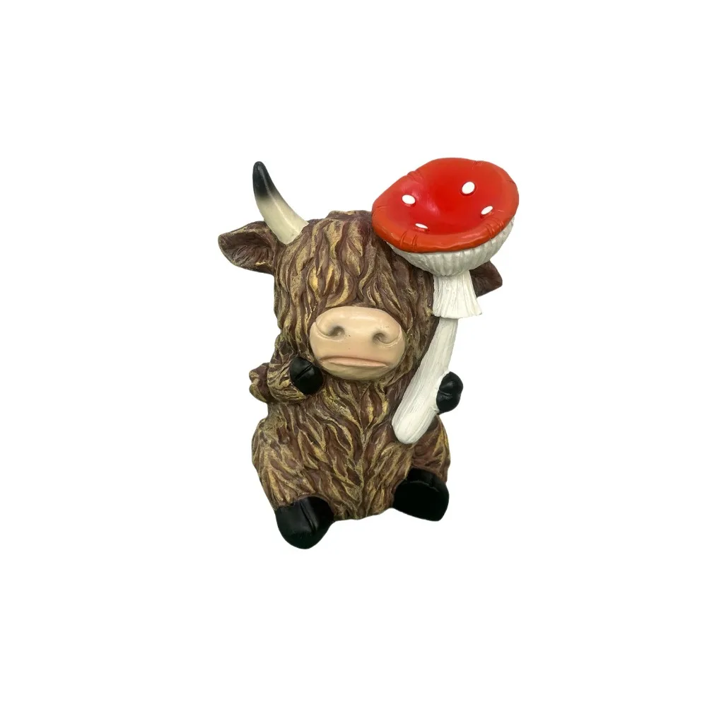 

Adorable Highland Yak Sign Figurine Resin Cartoon Cow Statue Mushroom Cute Animal Sculpture Ornament Micro Landscape Model