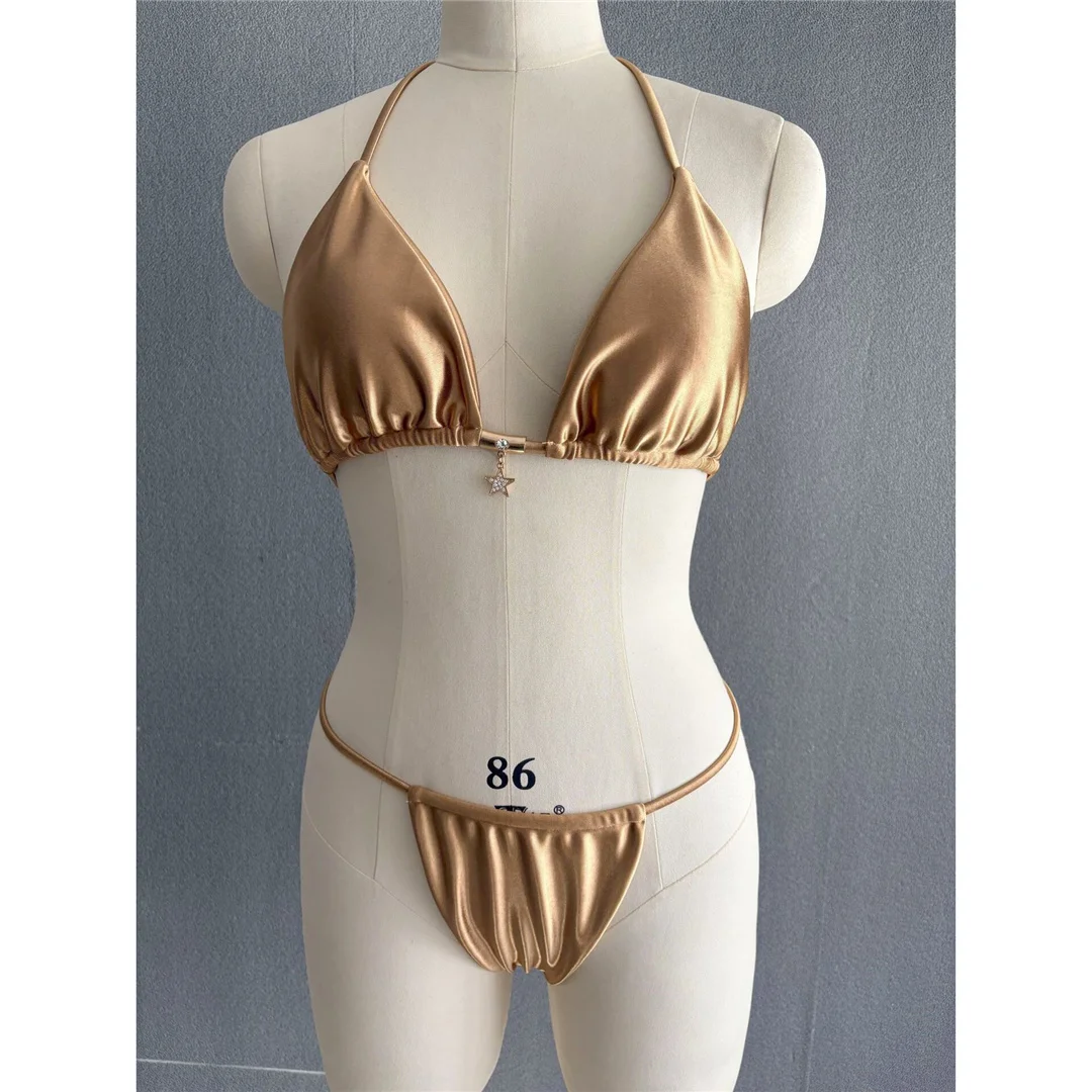 S - XL Neuer, sexy, goldener Bikini mit hohem Beinausschnitt, Damen-Badeanzug, zweiteiliges Bikini-Set, Badebekleidung, Badeanzug, Modell V6192G. – Detail 13