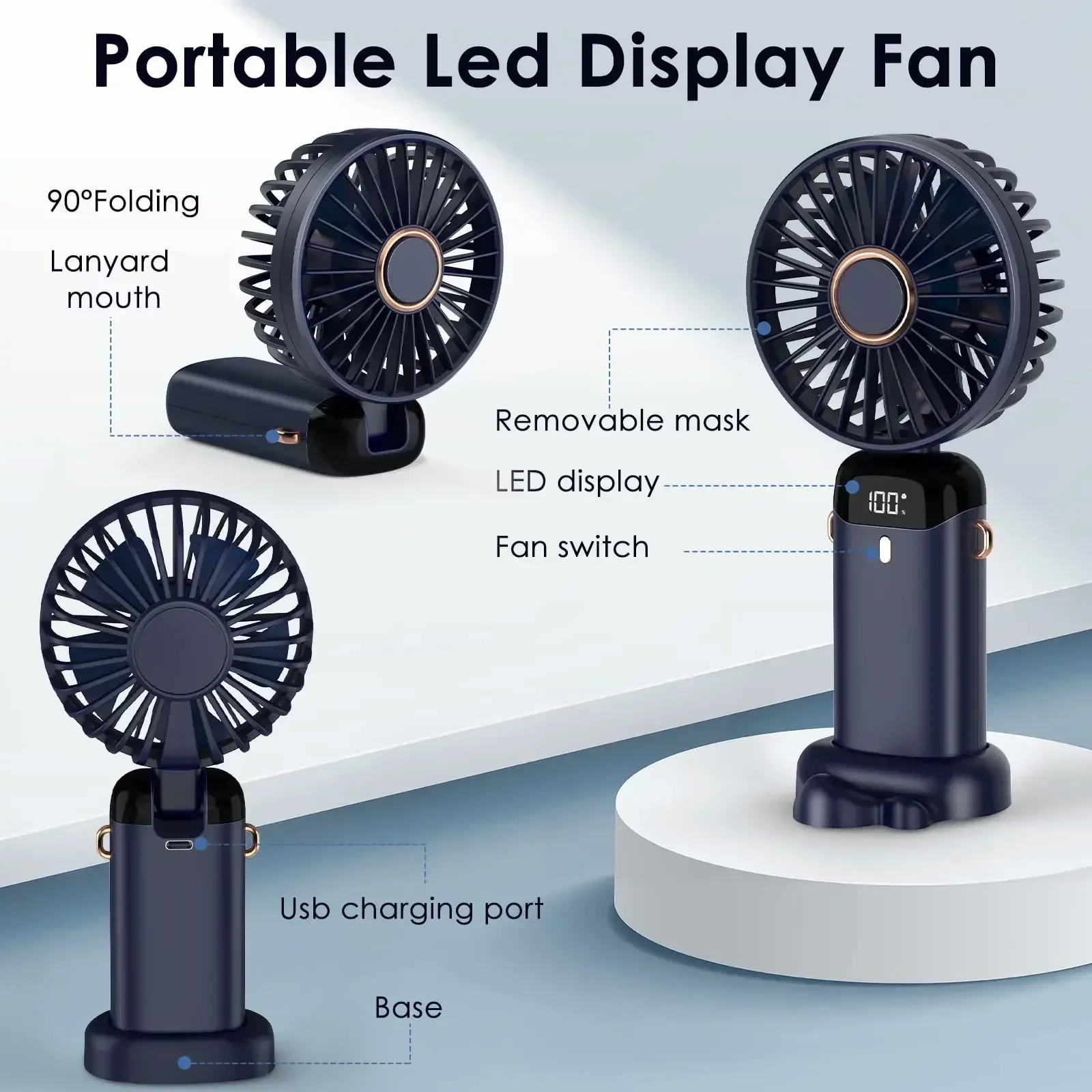 Ventilateur Portable Rechargeable à 90 °, Pliable, 5 Vitesses, Mini Climatiseur, Petit Refroidisseur d'Air avec Affichage Numérique LED, 5000mAh