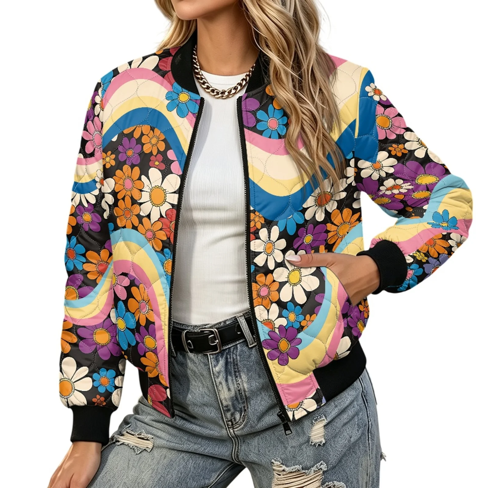 PENSTROLL Flowers Women Long Sleeve Warm Padded Zipper Outer Coat Water-Resistant Quilted Barn Jackets for Daily Wear