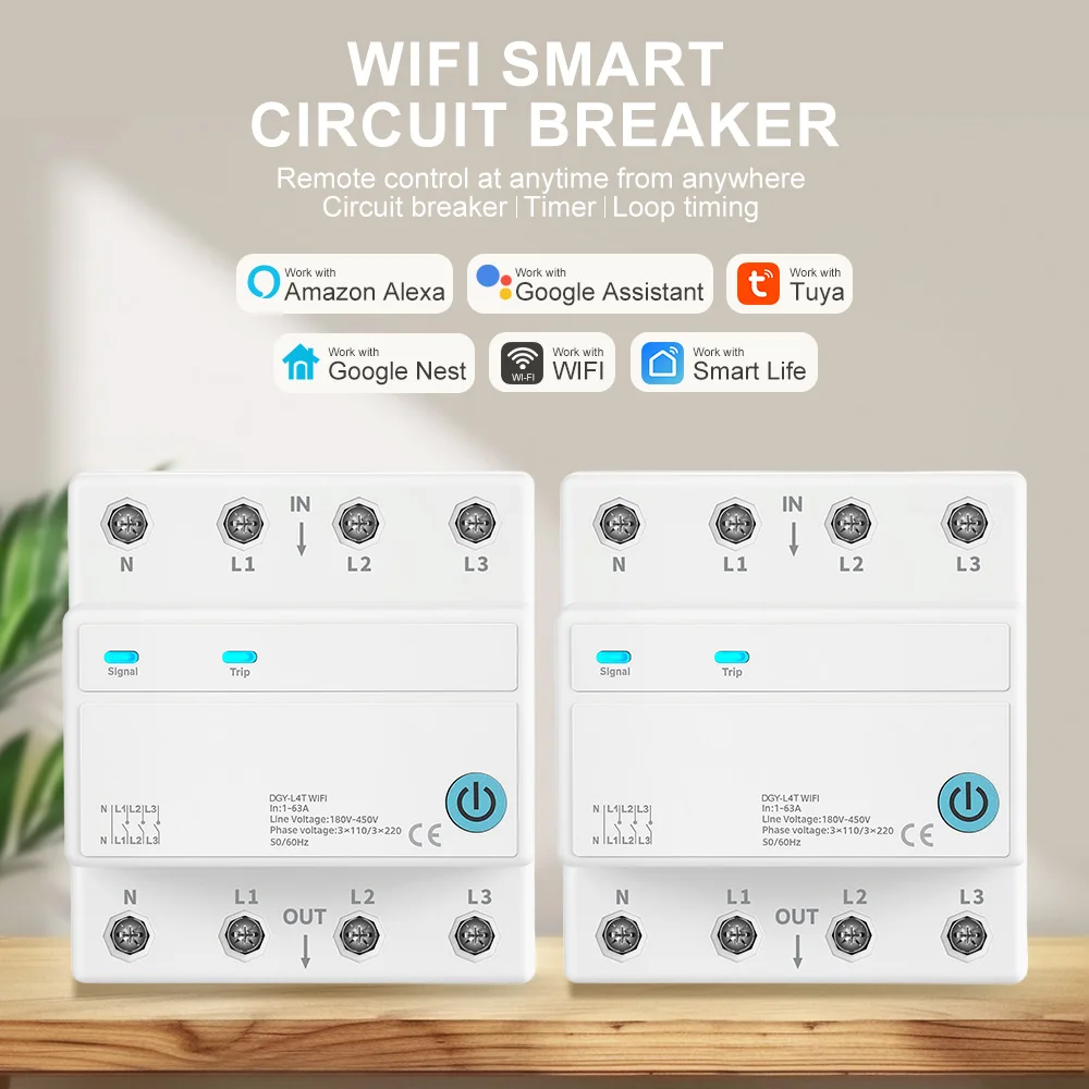 DIY GO 4P WLAN Smart Switch Schutzschalter 3 Relais TUYA SmartLife 3x120V 3x220V 1-63A Timer Countdown DIN-Schiene MCB – Detail 1