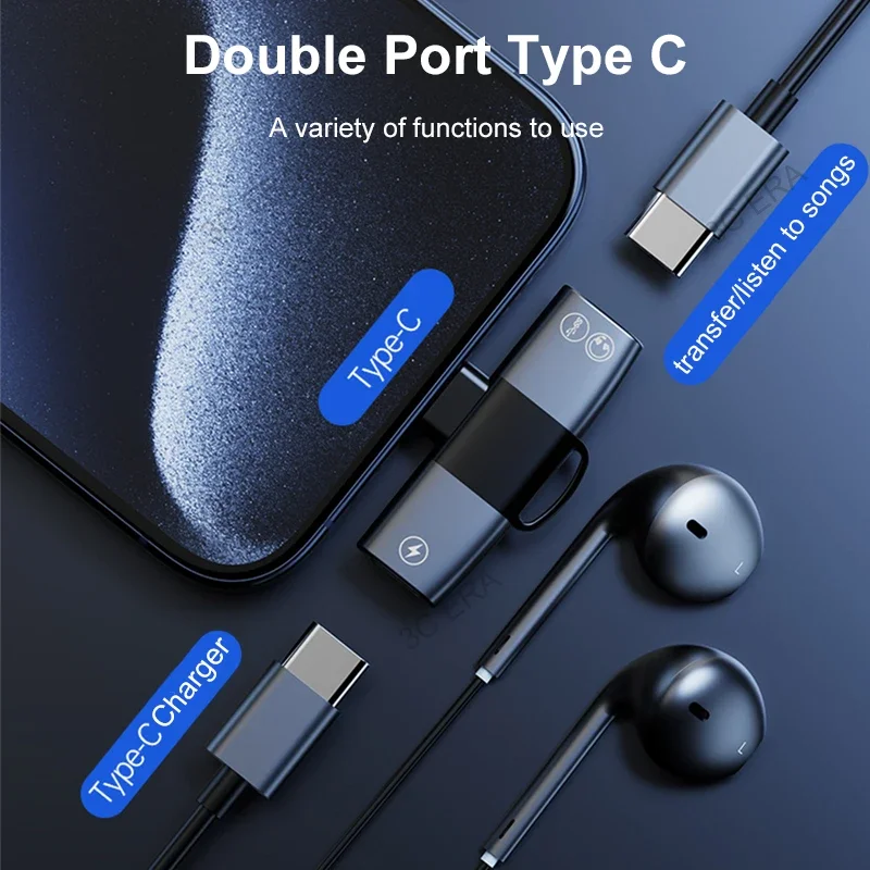 2 In 1 DAC Headphones Adapter Type C to 3.5mm Type C Fast Charger Adapter for iPhone 16 15 Pro Max Plus USB 3.0 Converter