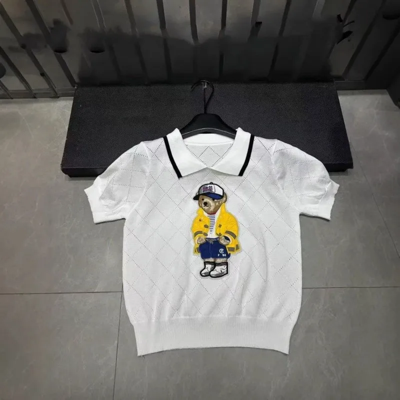 Embroidered Bear Knit Pullover Short-sleeve Tee Shirt Crew Neck Valentine Gift 202604