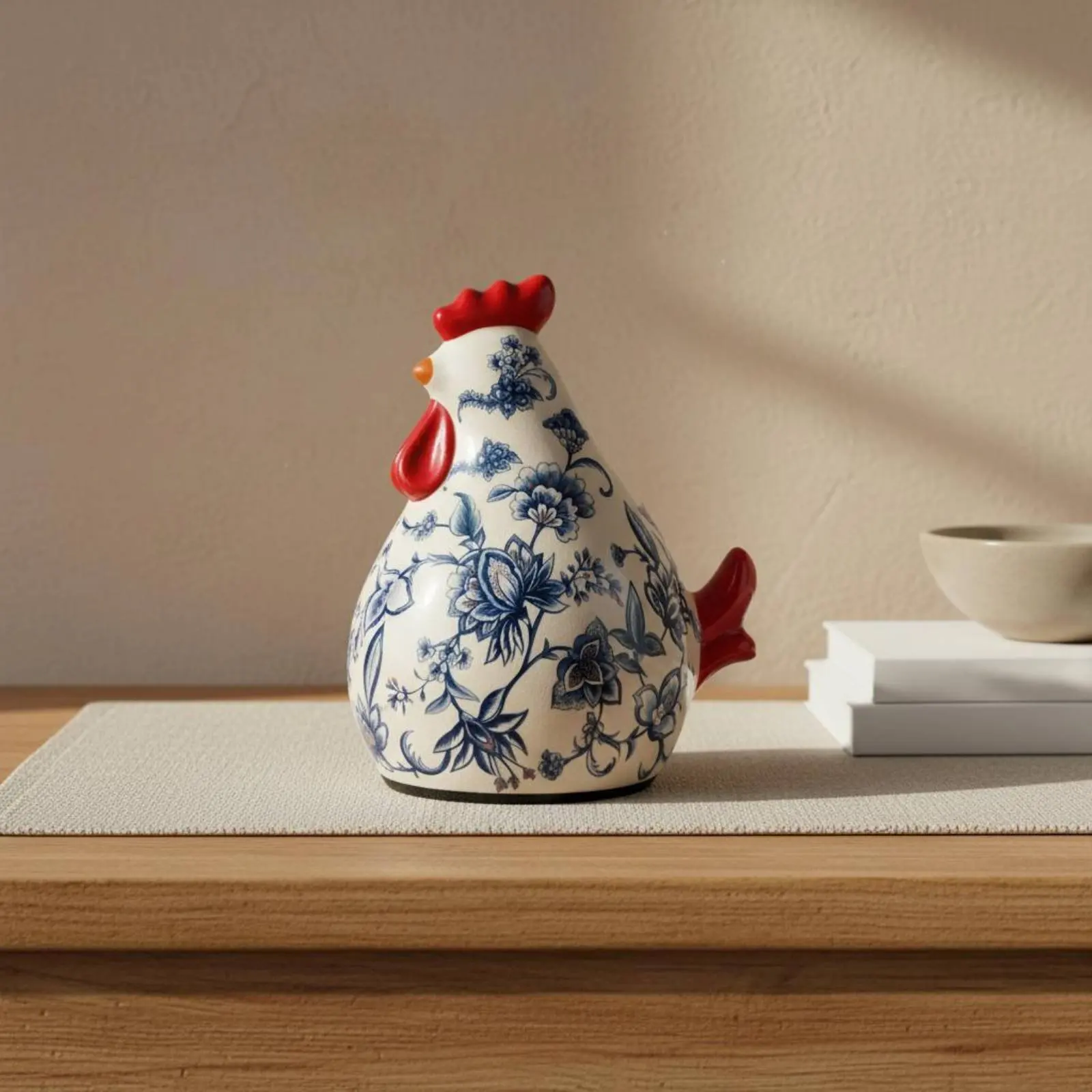 Ceramic Chanticleer Figurine Ice Crackle Glaze Farmhouse Chicken Decor Floral Chicken Statue Hand Painted House Decoration