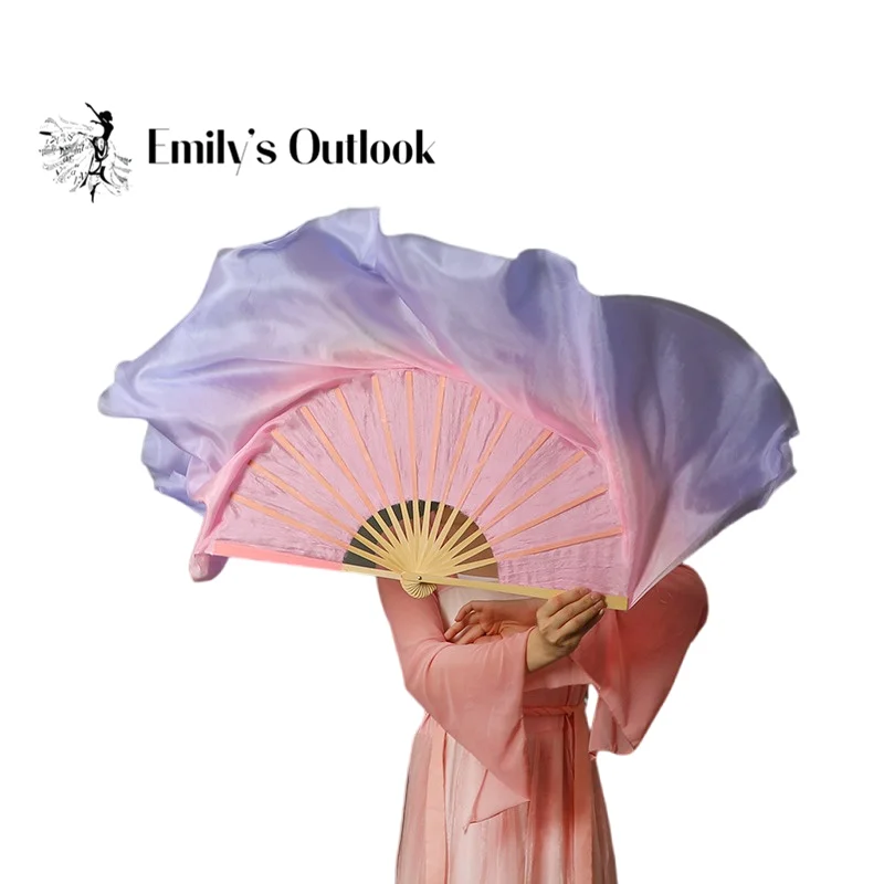 Magic Silk Veil Light Pink Purple Gradient Bamboo Handle Fan Extra Long Double Sided Chinese Folk Yangko Belly Dance Props 86cm