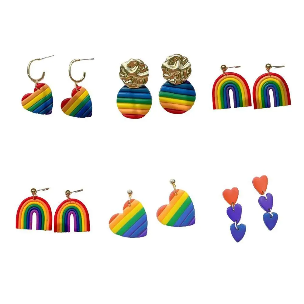 Colorful Rainbow Arch Earrings Exquisite Irregular Heart Shape Rainbow Earrings Soft Pottery Trendy LGBT Rainbow Flag Earring