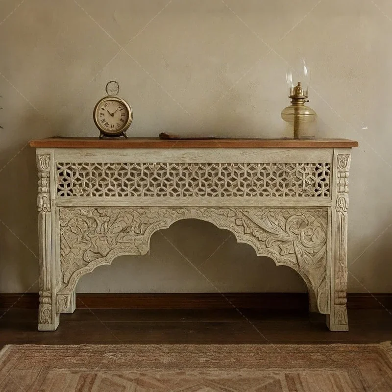 French retro solid wood carving flower porch cabinet living room decorative cabinet locker home display cabinet hollow