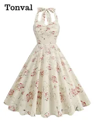Tonval Ruched V-Neck Halter Floral Vintage 50s Dresses Backless Evening Sexy Women Birthday Party Fit and Flare Dress