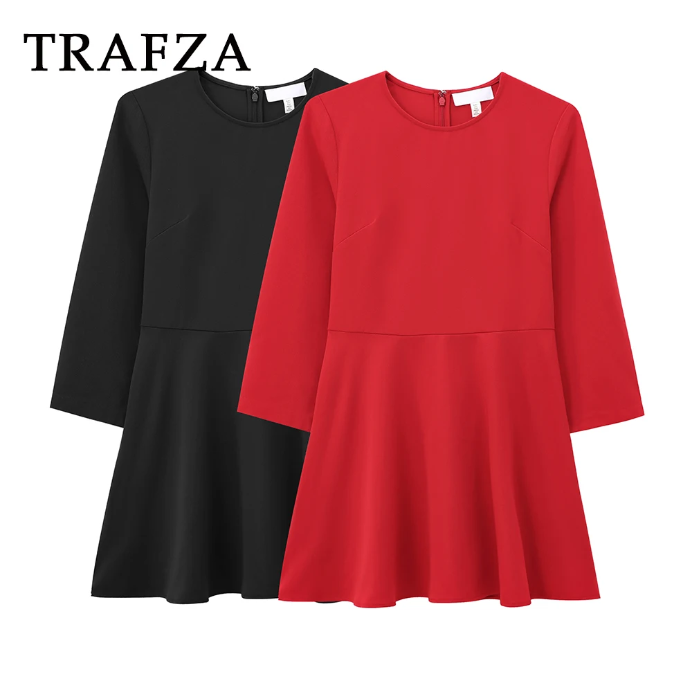 

TRAFZA Chic Solid Red Casual Zipper Women's Dress Fashion 2025 Spring A-Line Mini Dresses O-Neck Basics Mujer Commute Vestidos