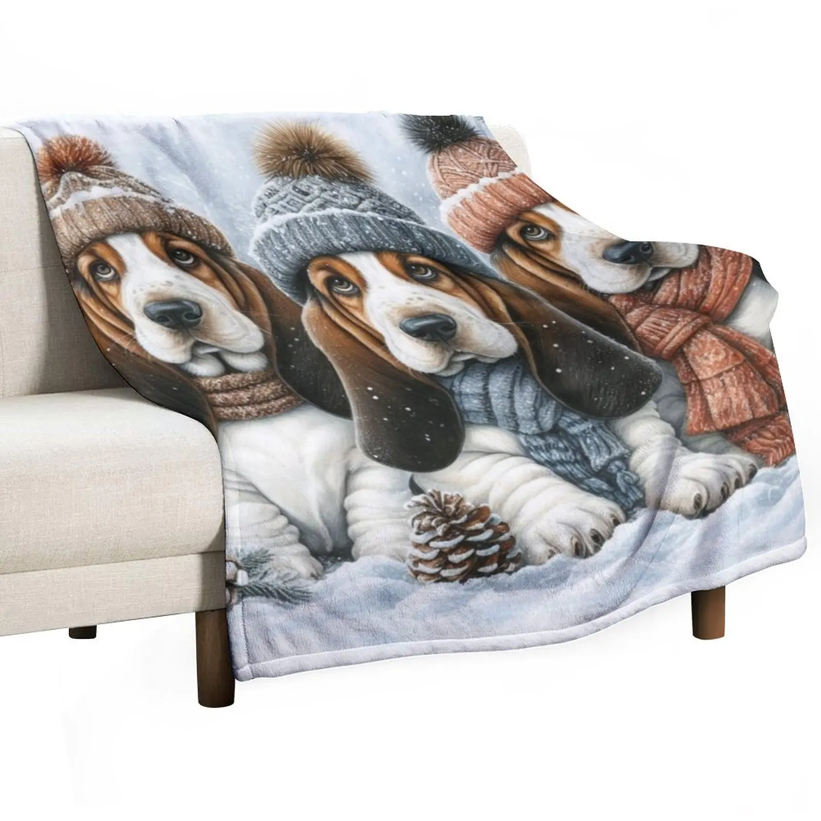 Manta con diseño de cachorros de Basset Hound con gorros y bufandas de invierno, manta cálida y acogedora para decoración de dormitorio