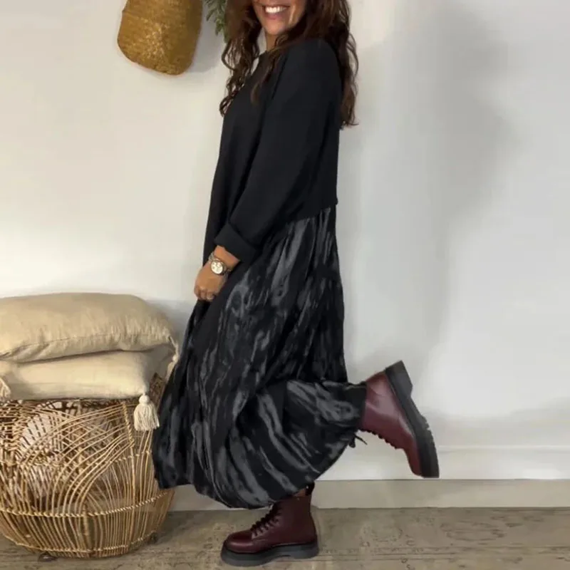 2026 primavera Patchwork Tie-tinte dibujo vestidos largos mujer Sexy cuello redondo suelto Jersey vestido otoño manga larga sudaderas vestido