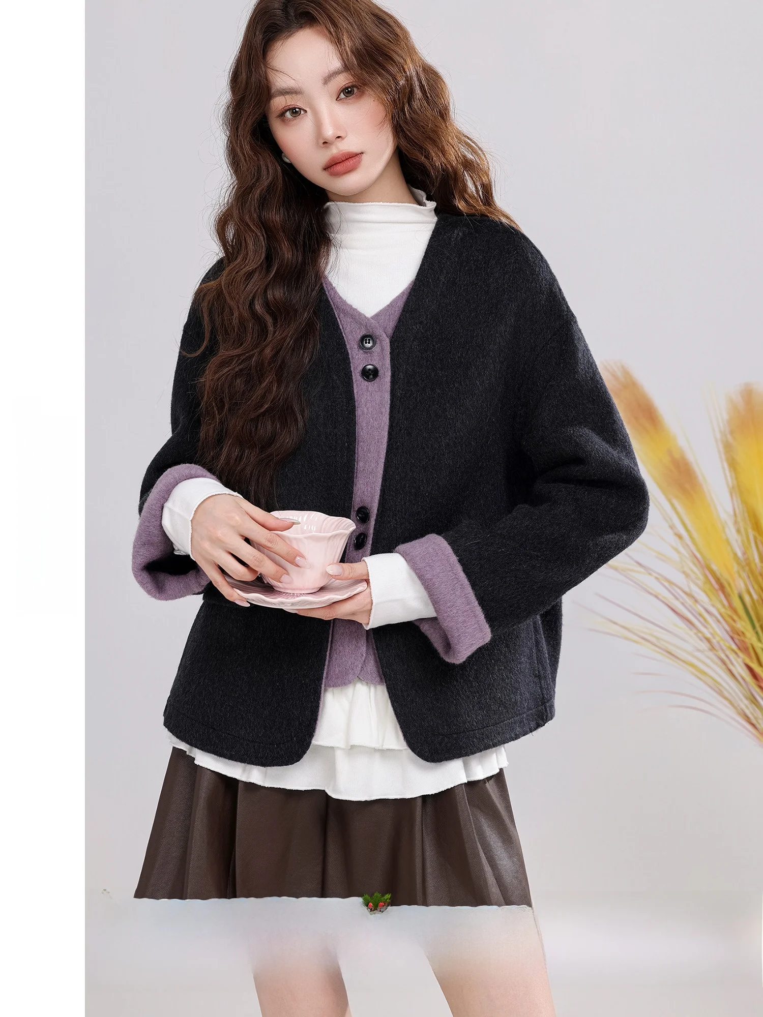 

Youxiang Songjian Warm Fog Korean Sle Splicing Color Blo Double Face Woolen Coat Women's Winter New Arrival Straight Cut