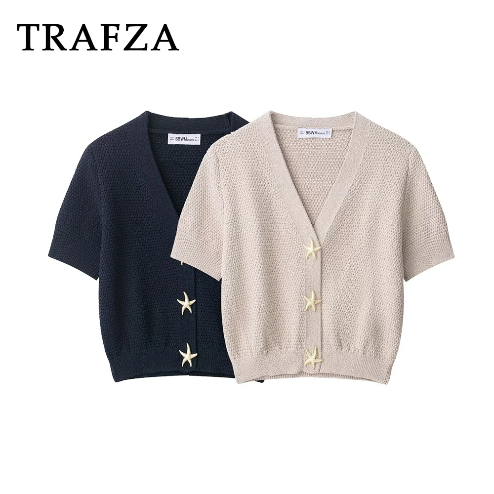 

TRAFZA Casual 2025 Knit Solid Vintage Women Sweaters V-Neck Slim Streetwear Fashion Star Button Teacher Elegant Mujer Knitwear