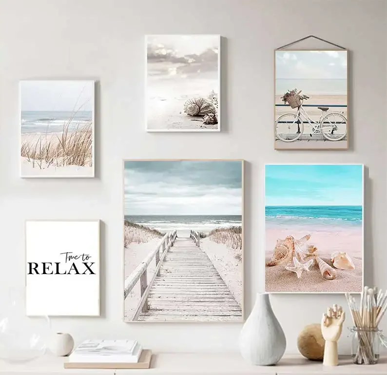 1pc frameless Beach Sea Ocean Canvas Wall Art Poster Bridge Leaves Turtle Seagull Print Painting Vibrant Summer Picture Nordic H