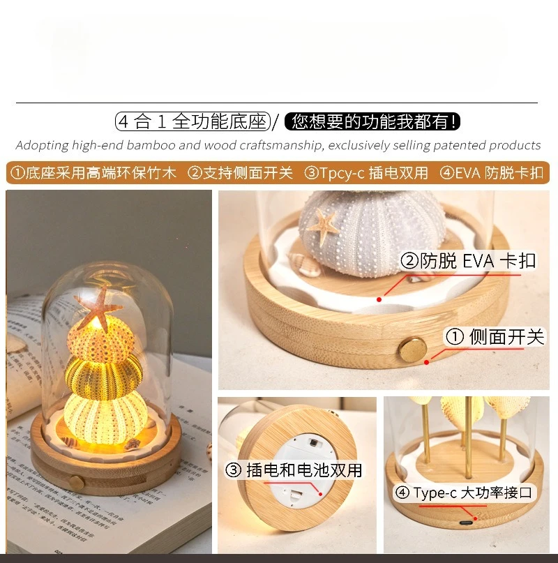 Portable Conch Shell Beach Themed Night Light ， Adults Bedroom Nightstand Lamp Nautical Lighting Battery Plug in Operated