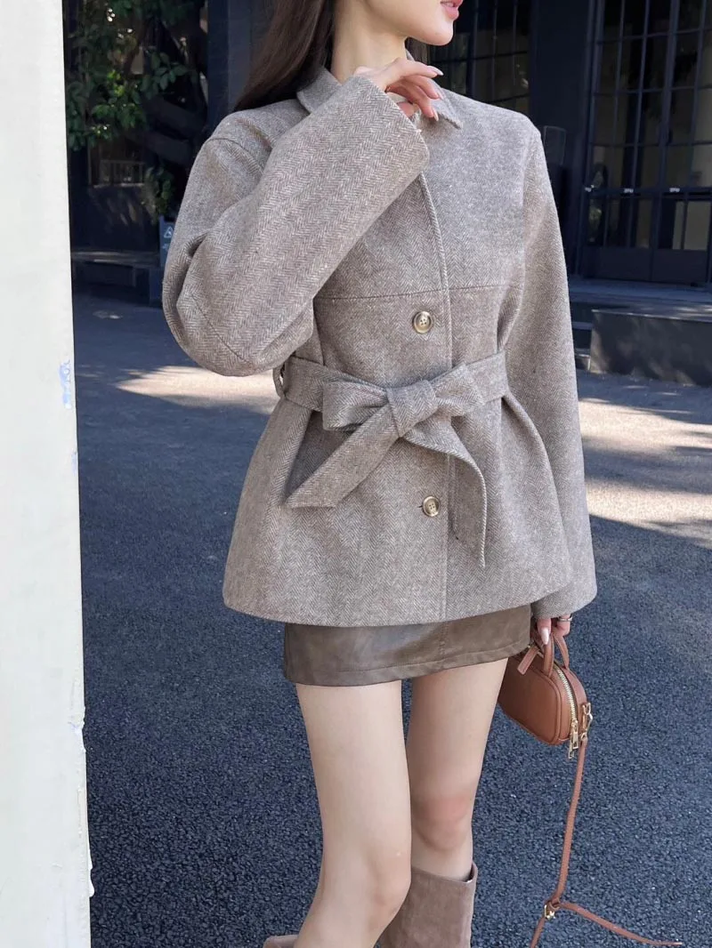 Wool & Blends Women Autumn Winter Woolen Turn-down Collar Sahses Mid-length Coat Classical Vintage Elegant Slim Female Clothes