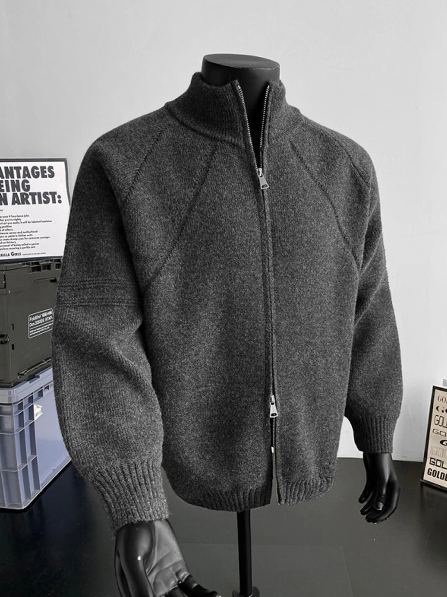

Мужской винтажный американский вязаный свитер-пальто с воротником-стойкой, двойной молнией, для ношения под одеждой, базовый слой, для активного отдыха, осень-зима