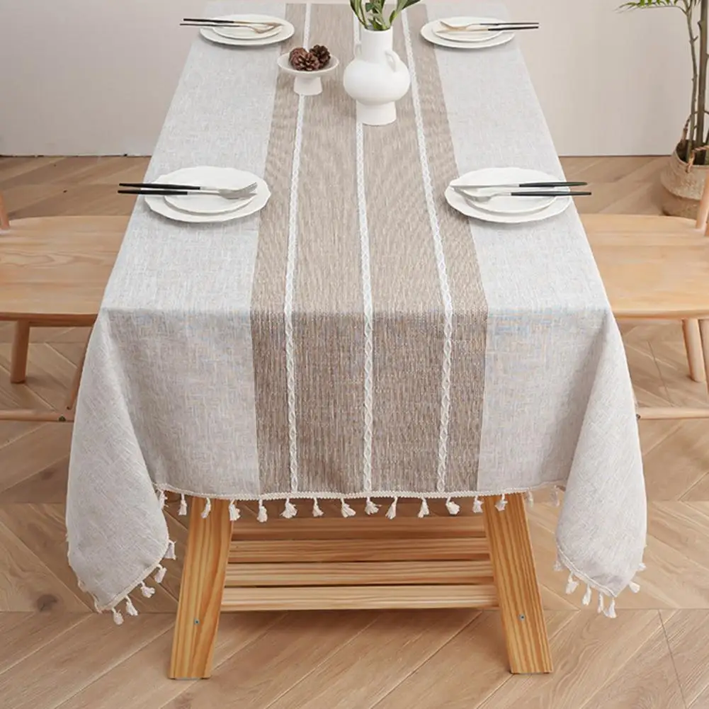 Waterproof Cotton Linen Tablecloth for Rectangle Tables with Embroidered Accents Fringe Trim and Farmhouse Texture