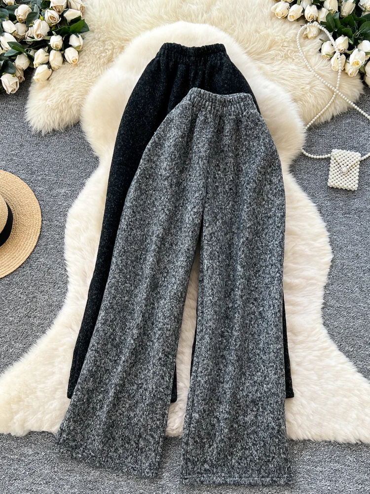 

Осенне-зимние утепленные мягкие шерстяные вязаные брюки с широкими штанинами, женские, с высокой талией, свободные, повседневные, в стиле Lazy Sle, новинка 2025 года