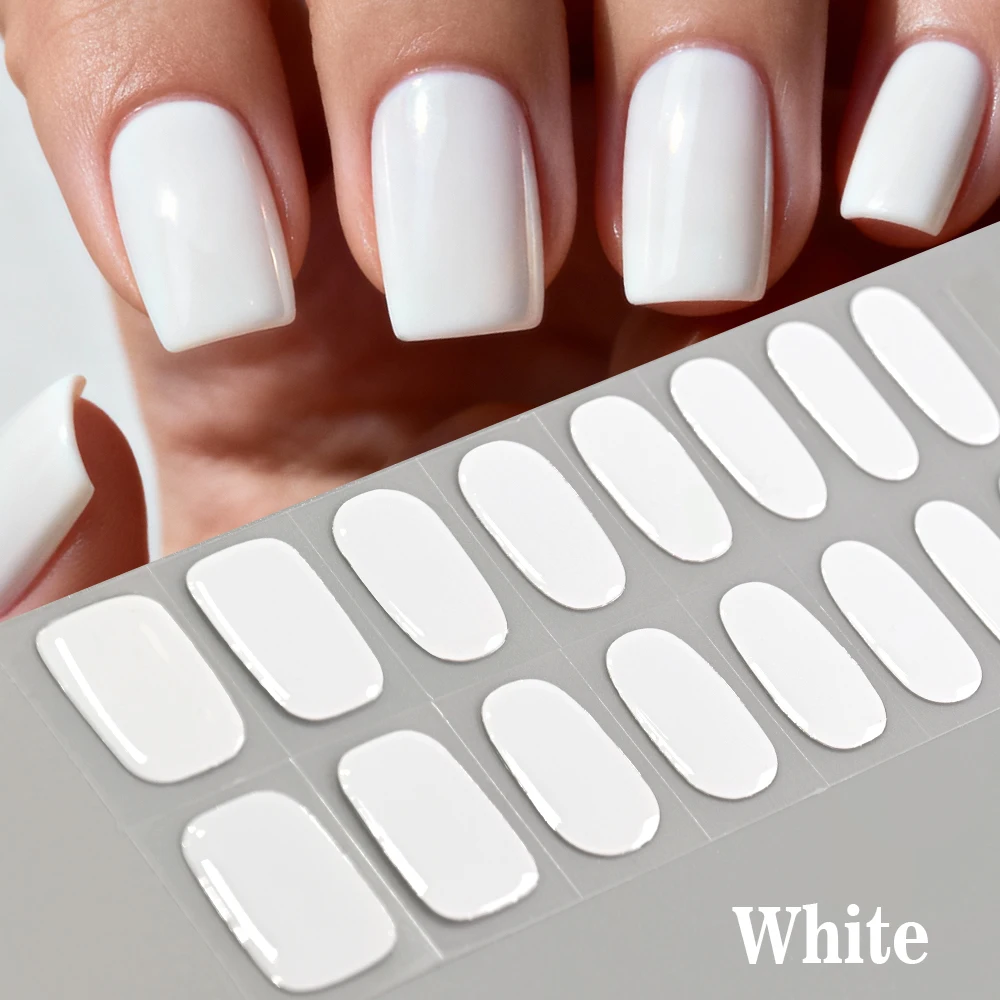 16tips White Full Cover Semi-Cured Gel Nail Stickers Solid Color&Glitter UV/LED Long-Lasting Slider For Extension Nail Stickers