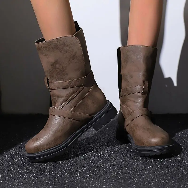 Girseaby Fashion shoes Vintage Women's Mid-Calf Boots Round Toe 4cm Thick Heel Slip-On Size 46-48 Daily Style Autumn Winter