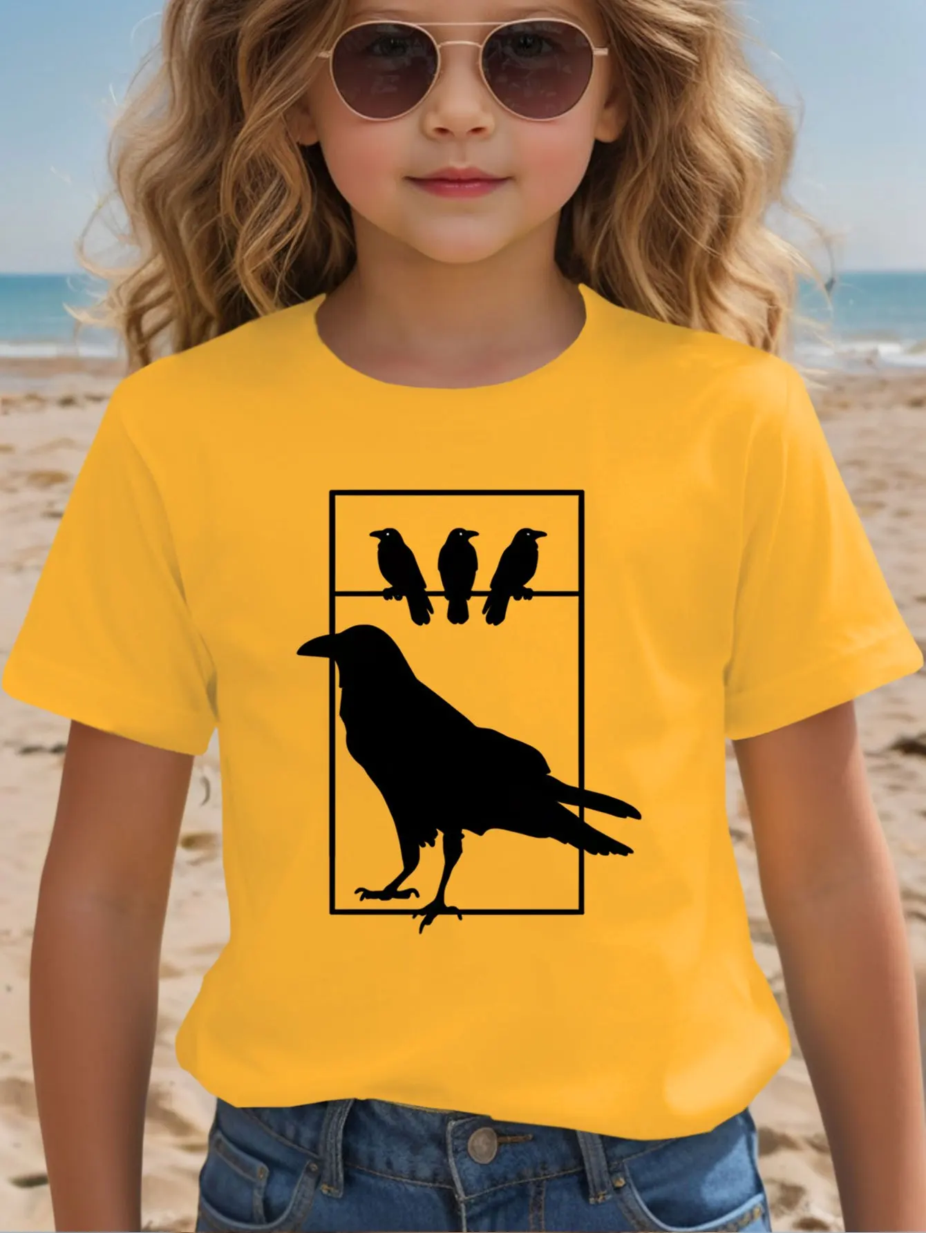 Minimalist Crow Print Kids Cotton T Shirt Boys Girls Parent Child Matching Short Sleeve Casual Breathable Family Fashion Tees