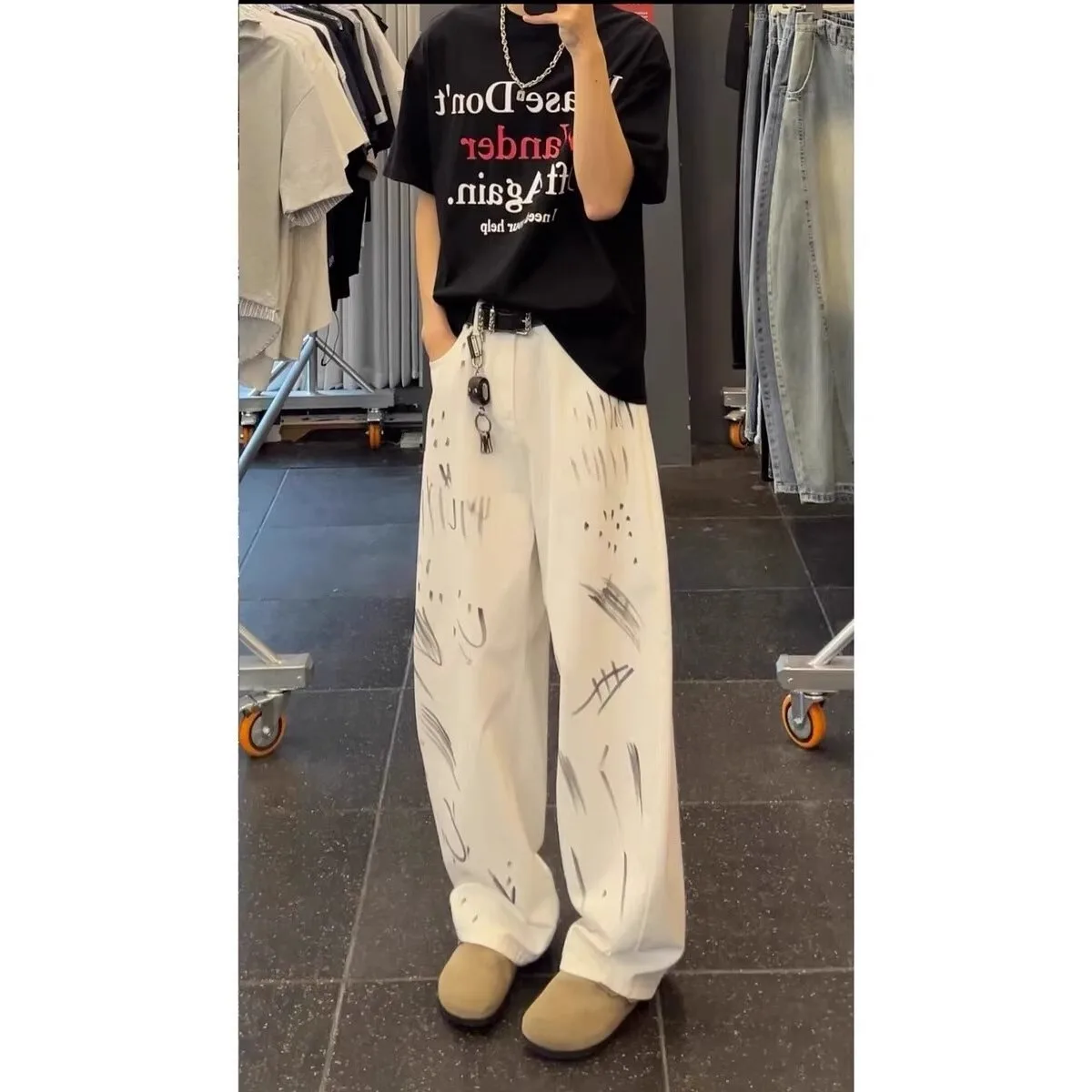 White Graffiti Dyed Wide Leg Jeans Men Women Design Sense High Street Cleanfit Knife  Casual Loose Straight Cotton Denim