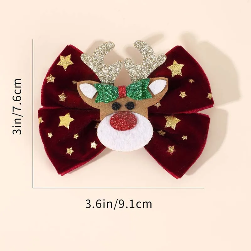 ncmama 2PCS Glitter Christmas Elk Hair Bow Clip Cute Star Print Velvet Bowknote Hairpin for Kids Girls Headwear Hair Accessories