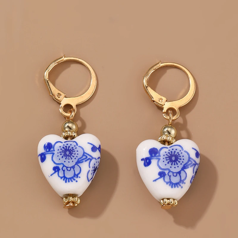 Retro New Chinese Ceramic Blue Printed Love Earrings National Trend Style Stainless Steel Imitation Blue and White Porcelain