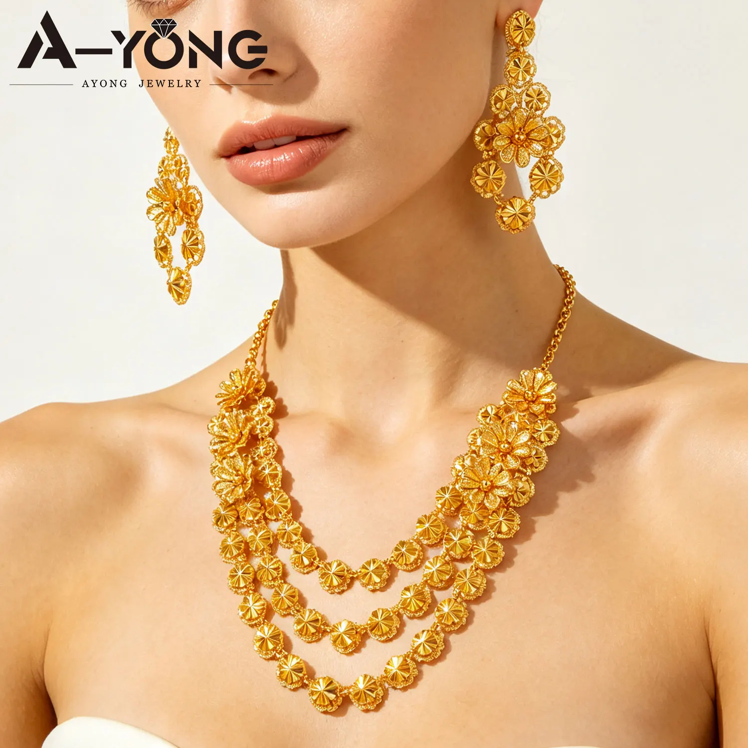 Luxury Ethiopian Bridal Wedding Jewelry Set Dubai Gold Color Floral Necklace Earrings Nigeria Women Event Party Jewelrys Gifts