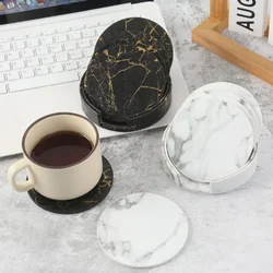 6pcsMarble Coaster Artificial Leather 10cm Oil and Water Resistant Heat Resistant With Base Double Sided Leather Coffee Coasters