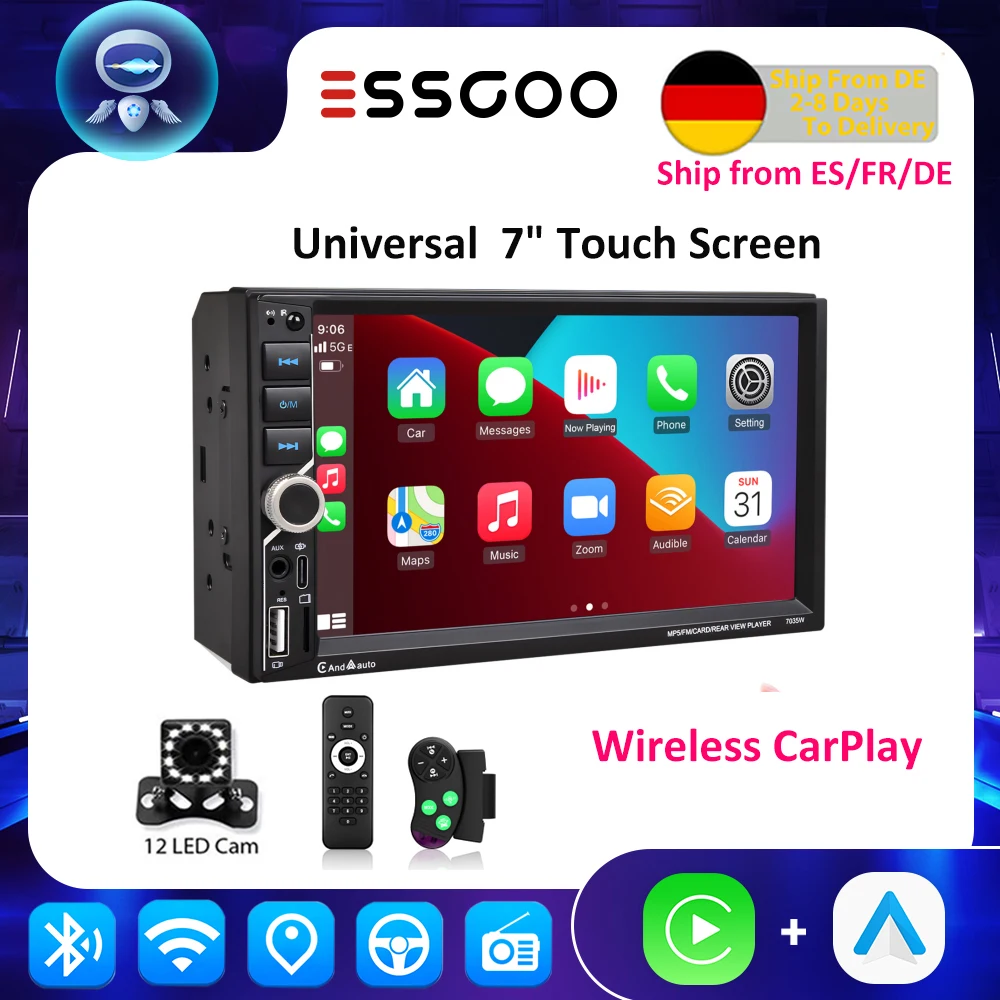 ESSGOO 7 Zoll Universal Autoradio Carplay Android Auto 2 DIN AUX FM Bluetooth USB TF Touchscreen Mirror Link