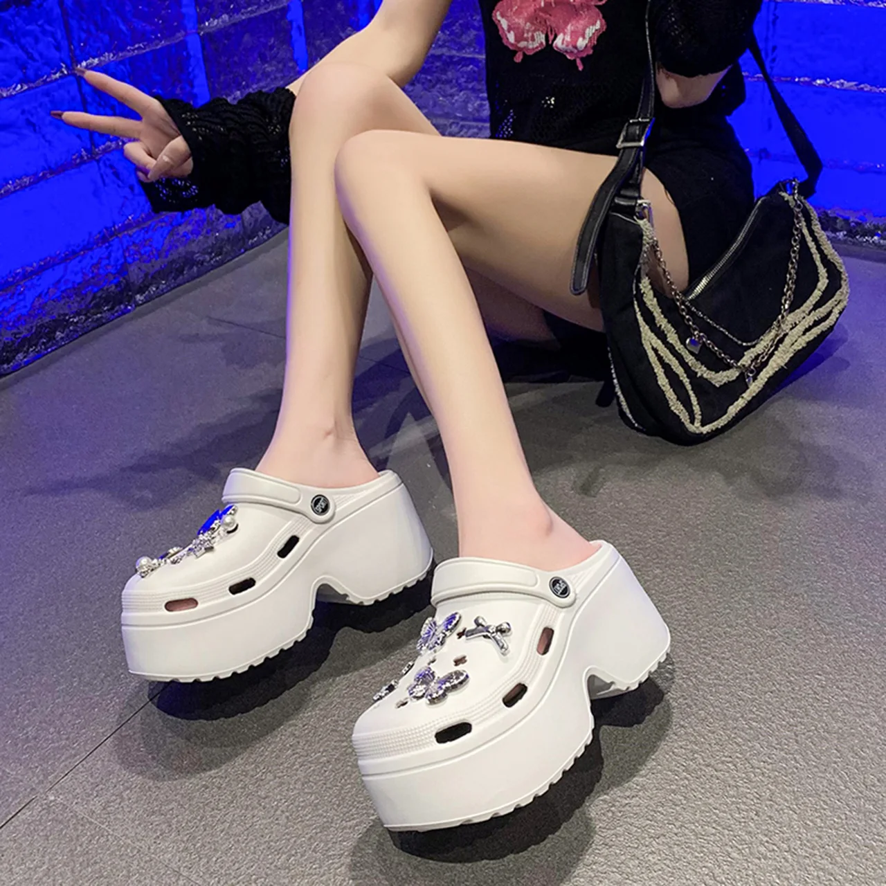 Women's Shoes 36-41 Silent Platform Slippers Outdoor Metallic Sandals Spring Breathable High Heels Light Casual Shoes