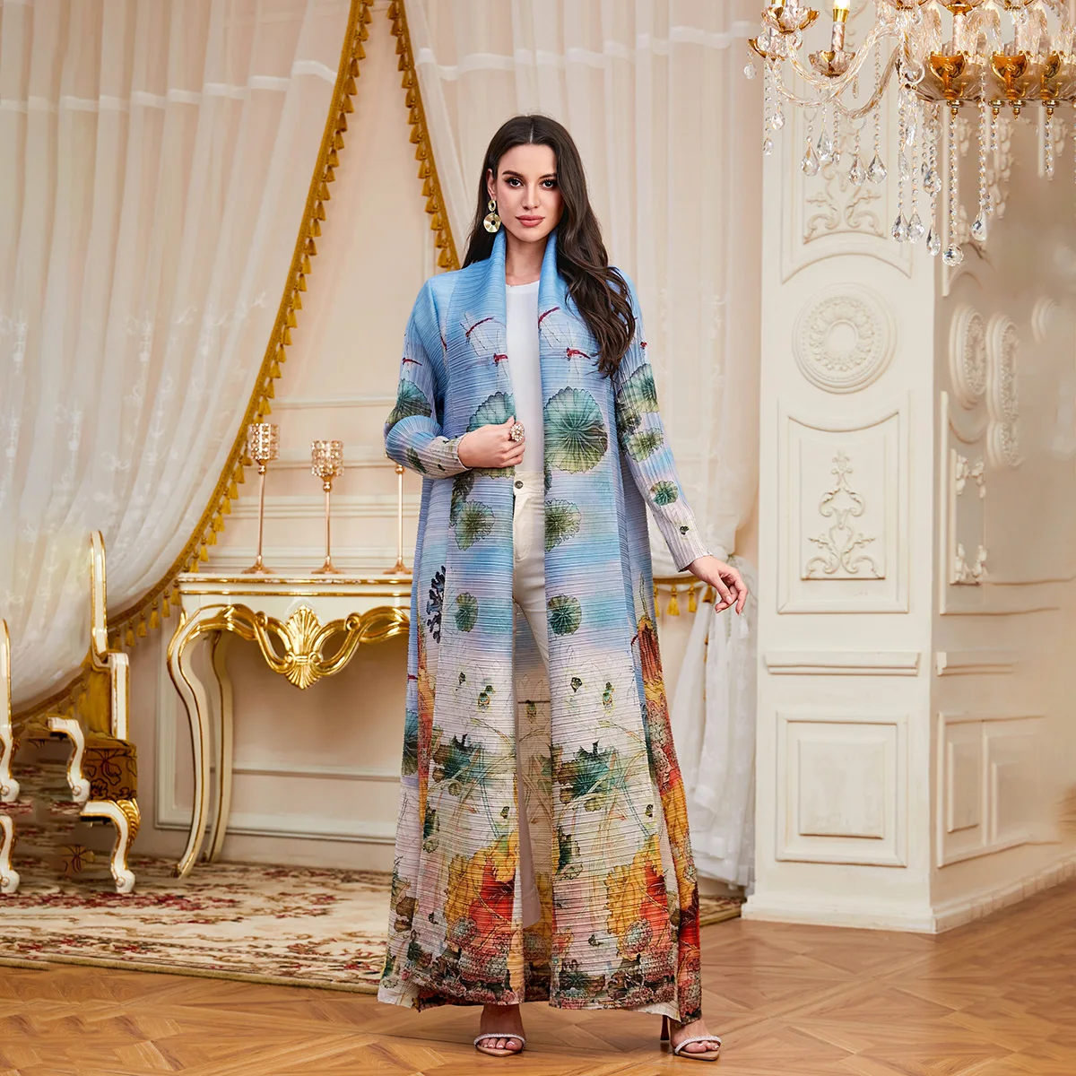 

Miyake Pleated Women's Trench Coat Abaya Middle East Models Fashion Printing Outer Cloak Loose Large Size Temperament Long Robe