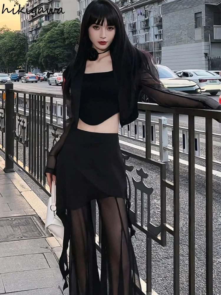 Korean Women Two Piece Set Puff Sleeve Bandage Crop Coat Patchwork Gauze Hollow Out Pants Outfits Fashion Sexy Summer Y2k Suit