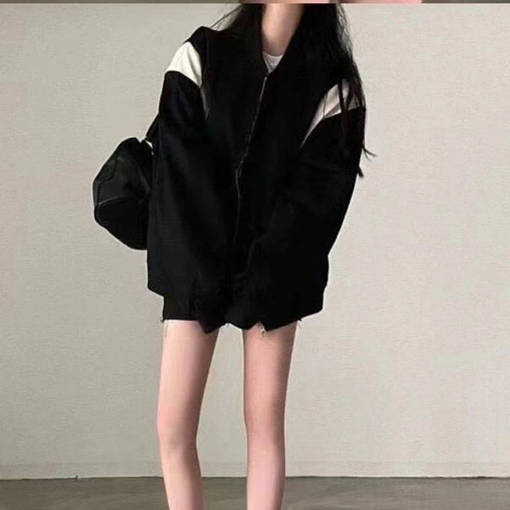 

Oversized Women Vintage Baseball Coat Black Patchwork Casual Loose Jacket with Zipper for Daily and Holiday Use