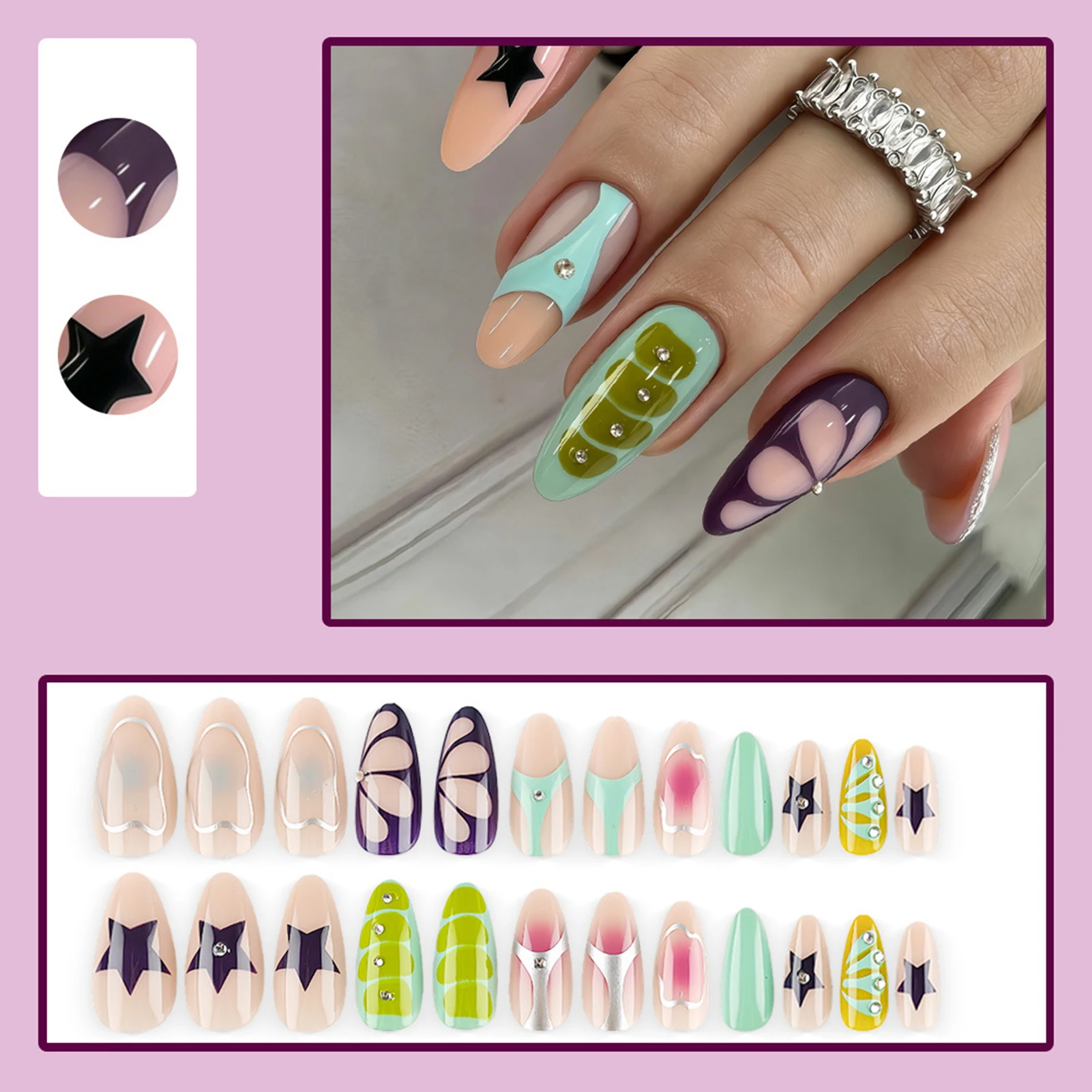 24pcs Fake Nails Press on Nails Y2K Hollow Out Rhinestone French Almond Fake Nails Artificial Manicure Tool Women Nail Tips
