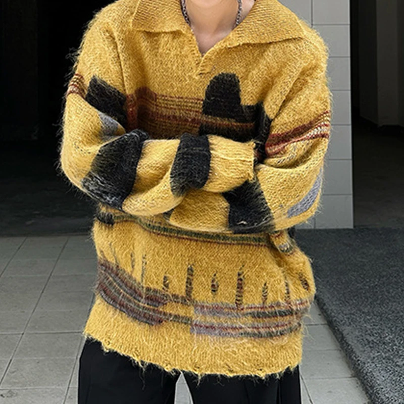 أنيق رجالي التباين اللون البلوزات الخريف الشتاء في الهواء الطلق عادية كم طويل التلبيب متماسكة لاعبا الرجال Vintage قميص بولو متماسكة #3