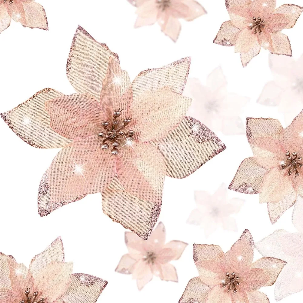 

36 Pcs Glitter Poinsettia Flowers – 3 Sizes Artificial Rose Gold Christmas Tree Ornaments for Holiday Home & Outdoor Decor