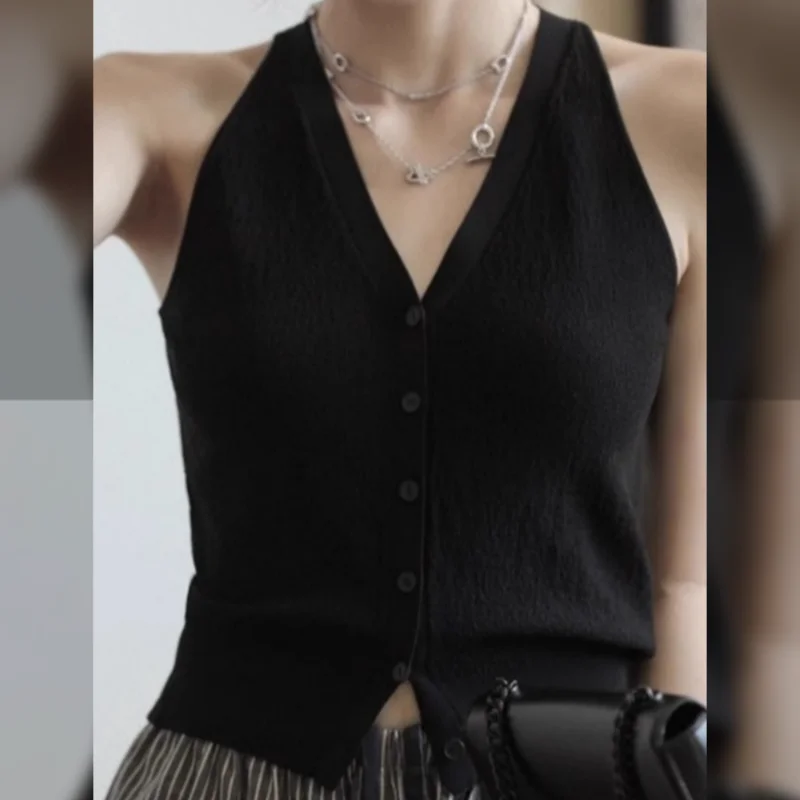 Summer Women\'s Solid Color Sleeveless Button Up V-Neck Cardigan T-shirt Thin Sweater Knitted Vest Casual Office Lady Tops