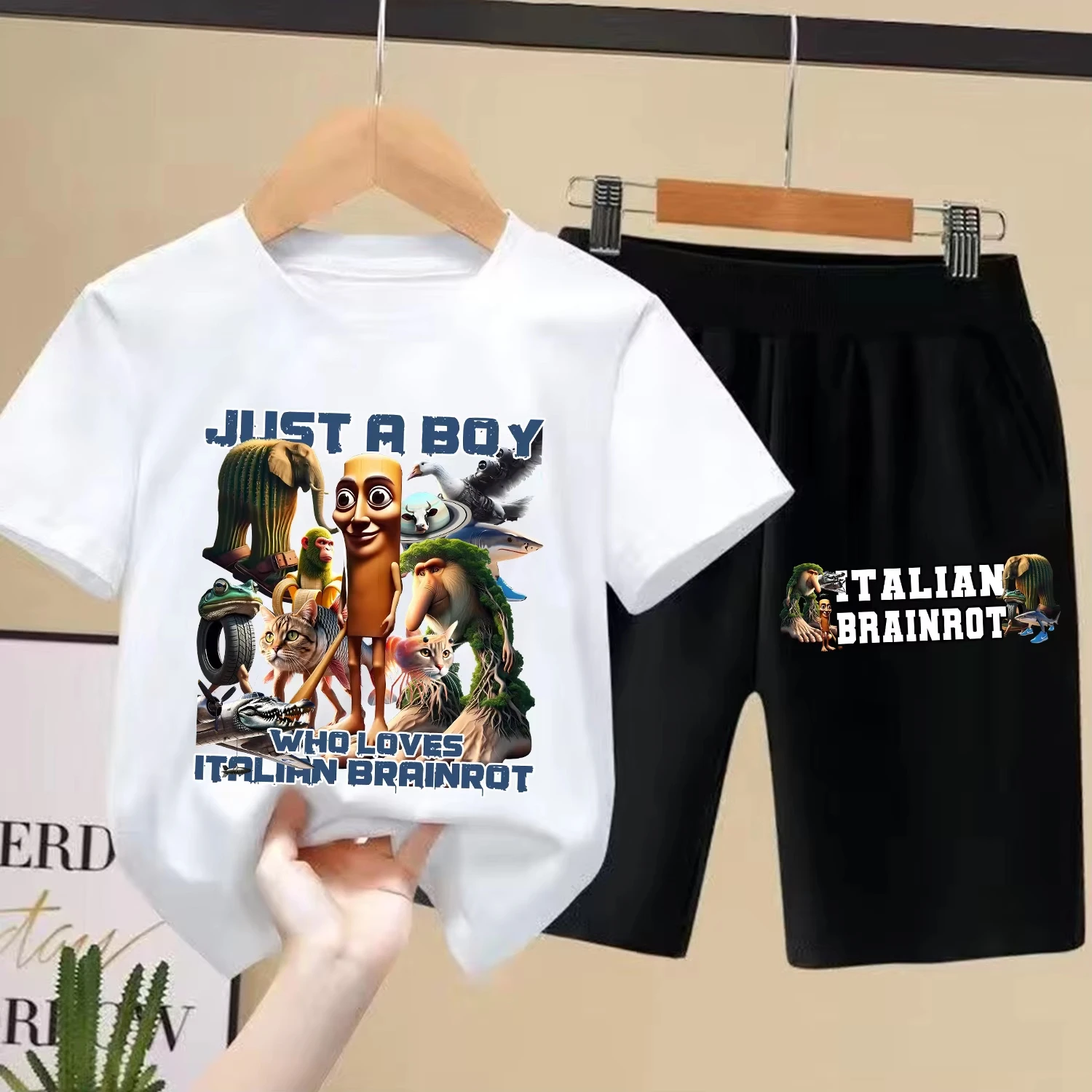 

Italian Brainrot Funny T-Shirt Suit for Children Tung Tung Tung Sahur Clothes+shorts 2PCS Pants Set Pajamas Home Wear Kid Gift
