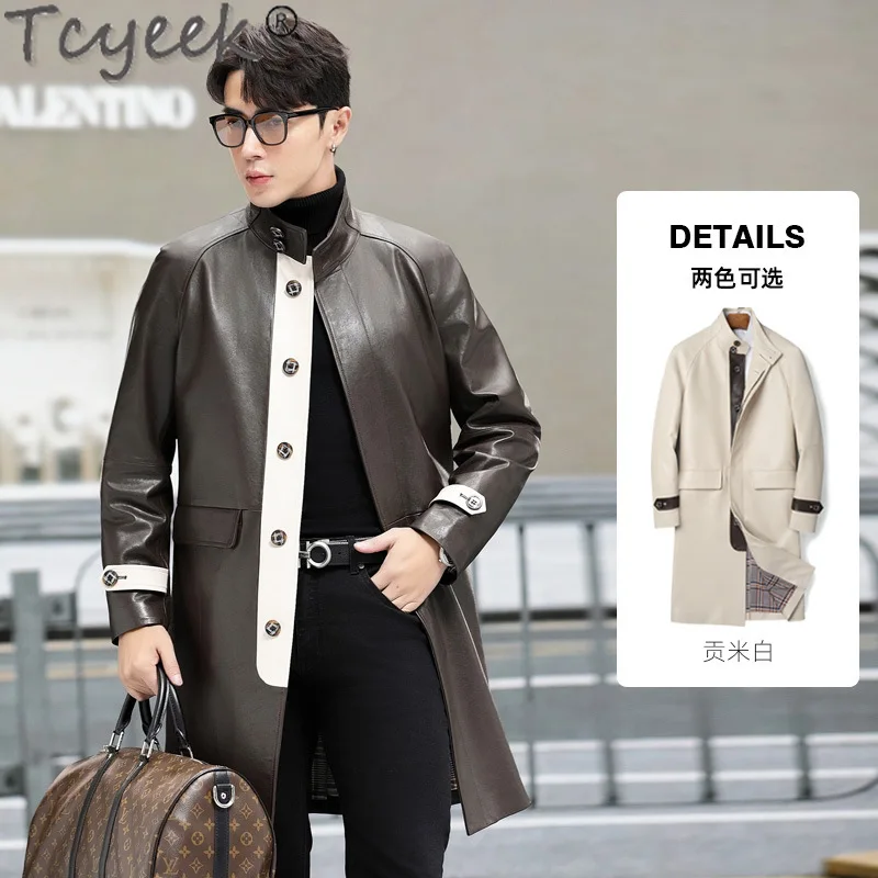 Tcyeek Genuine Leather Man Jackets 2023 Autumn Mid-length Trench Coat for Men Stand Collar Fashion Real Sheepskin Coats Loose