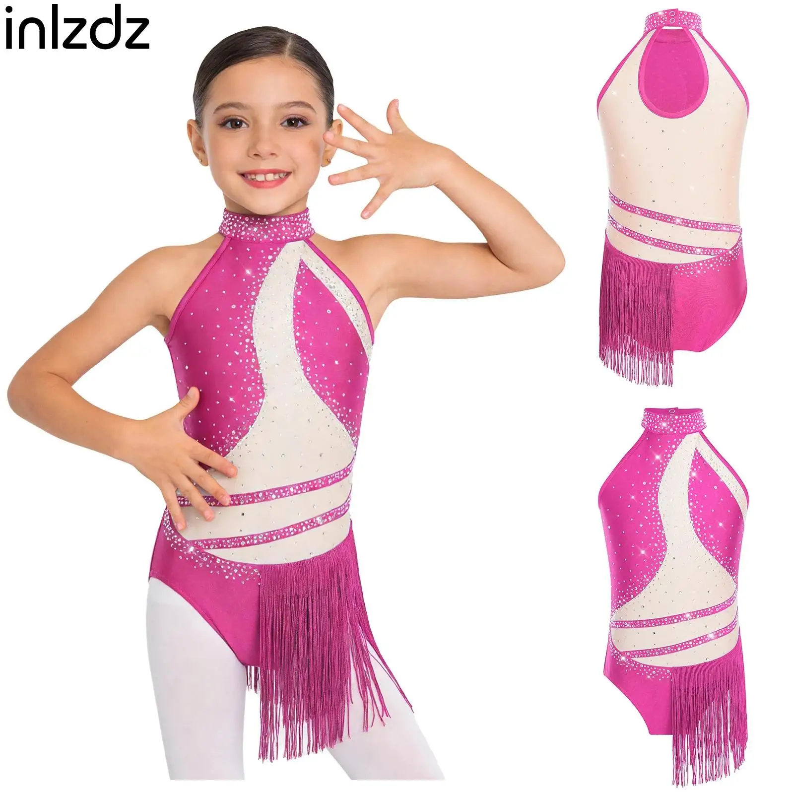 

Kids Latin Lyrical Dancewear Girls Sleeveless Rhinestone Color Block Tassel Fringe Bodysuit Leotard Dress Gymnastics Yoga Outfit