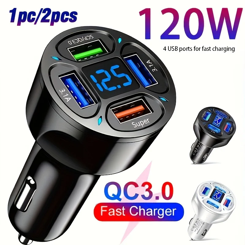 

120W New Car with Fast Charging, 4 USB Ports, Digital Display, Ambient Light, One-To-Four PD Phone