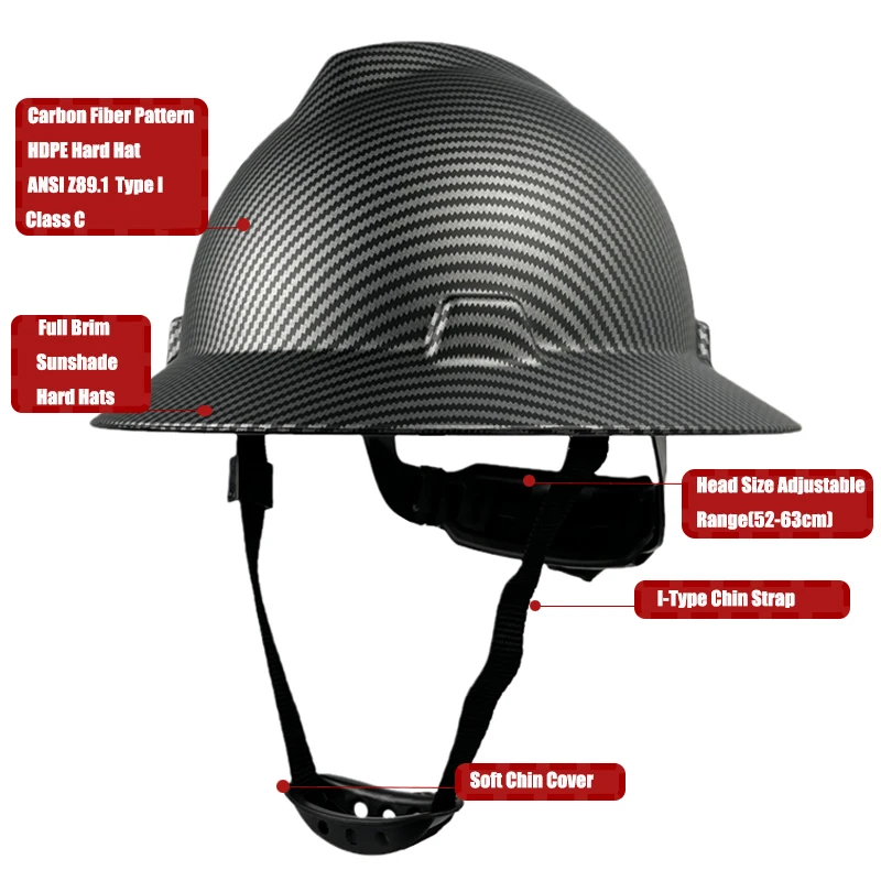 Carbon Fiber Pattern Full Brim Hard Hat For Engineer Work Cap Industrial Construction Work ANSI Approved HDPE Safety Helmet