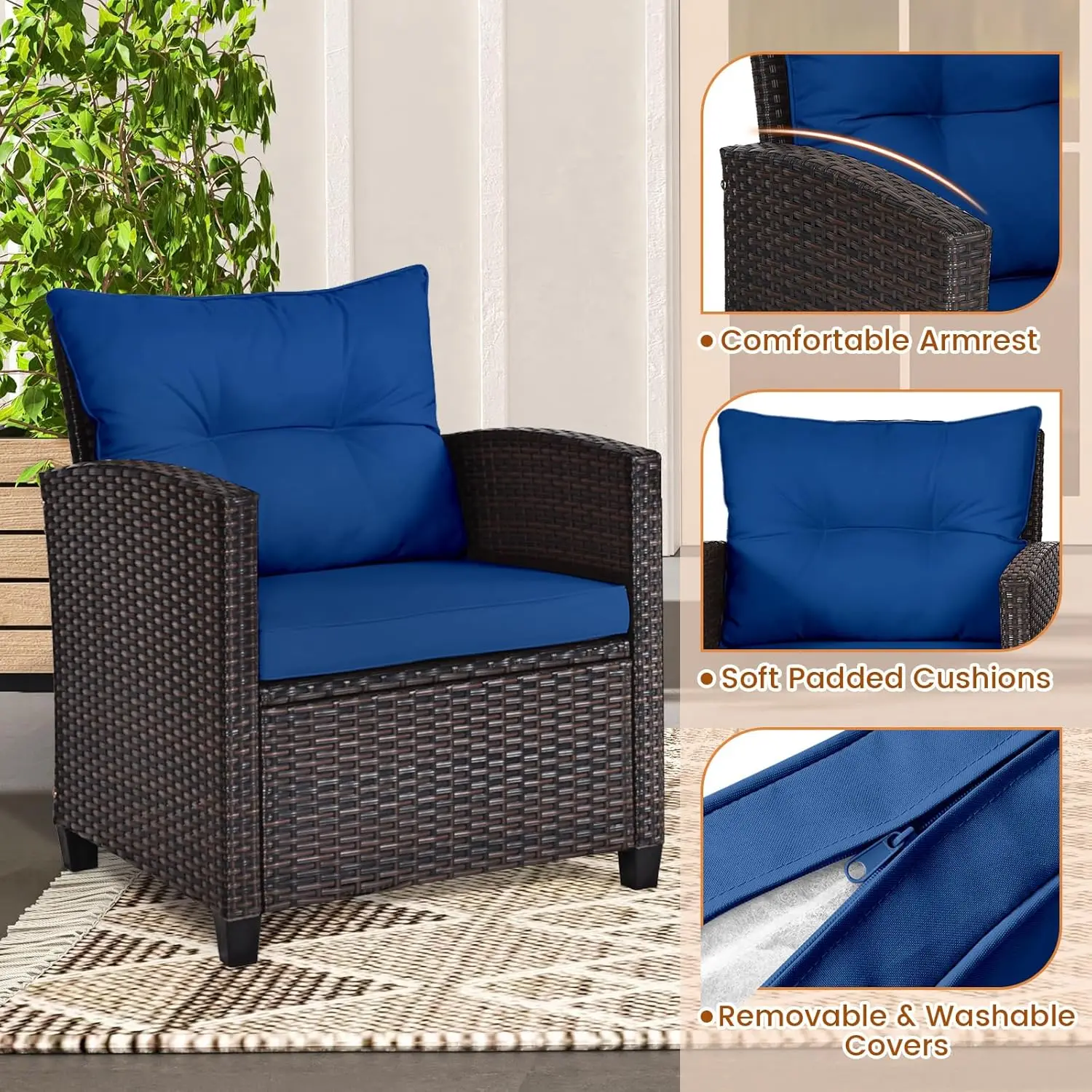 Navy blue rattan wicker 3-piece outdoor bistro set with cushioned rattan chairs and glass coffee table, weatherproof furniture for front porch, balcony, garden, deck and poolside view 3