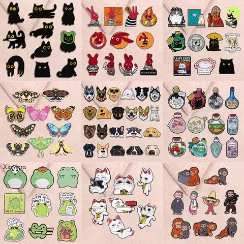 3-22pcs/set Cartoon Animal Enamel Pins Kawaii Space Cat Punk Crow Red Eared Rabbit Brooches Anime Kitten Badge Jewelry Gifts